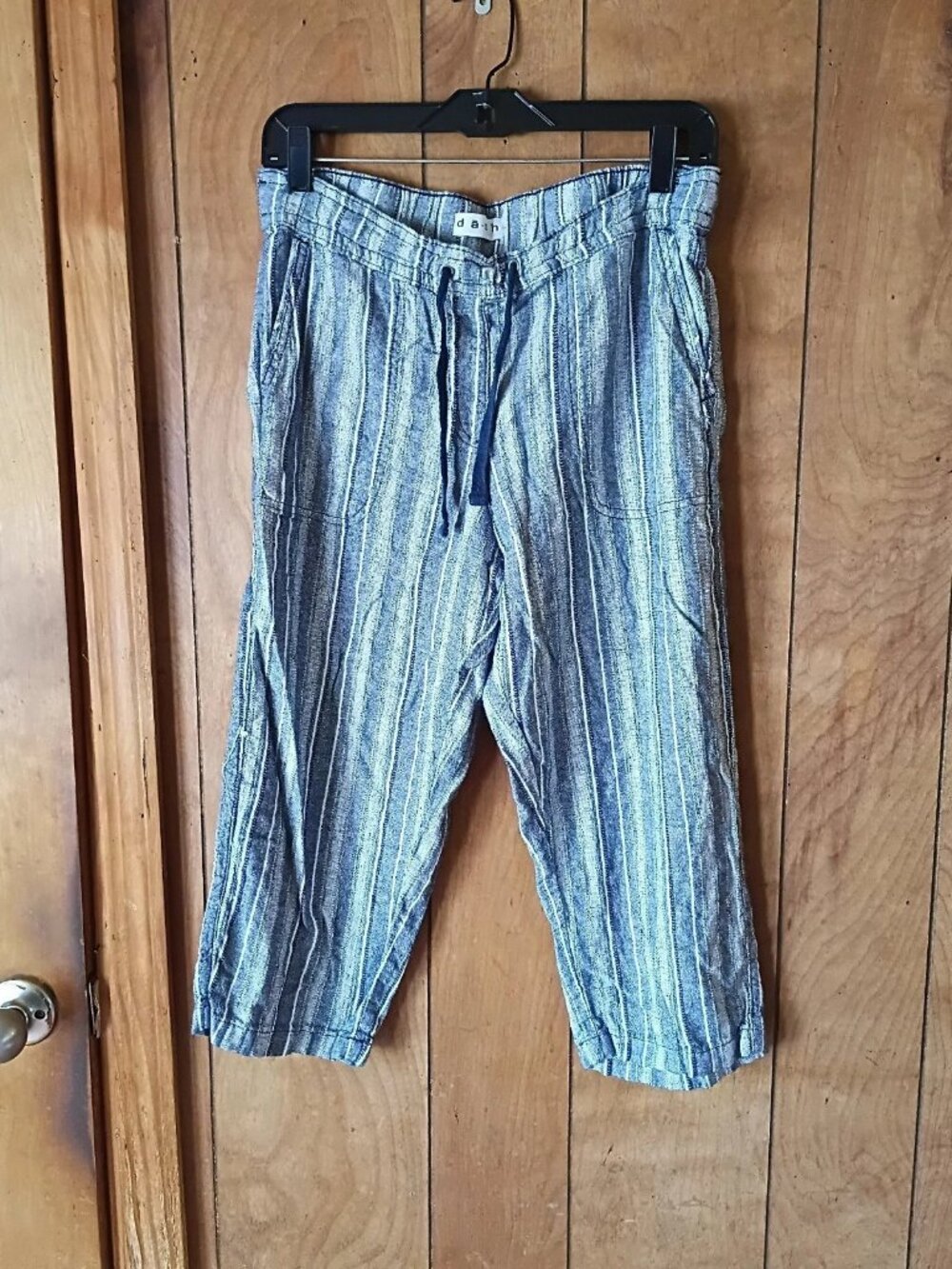 Da-Sh Women’s Striped Linen Blend Capri Pants Size M Gray Black Drawstring